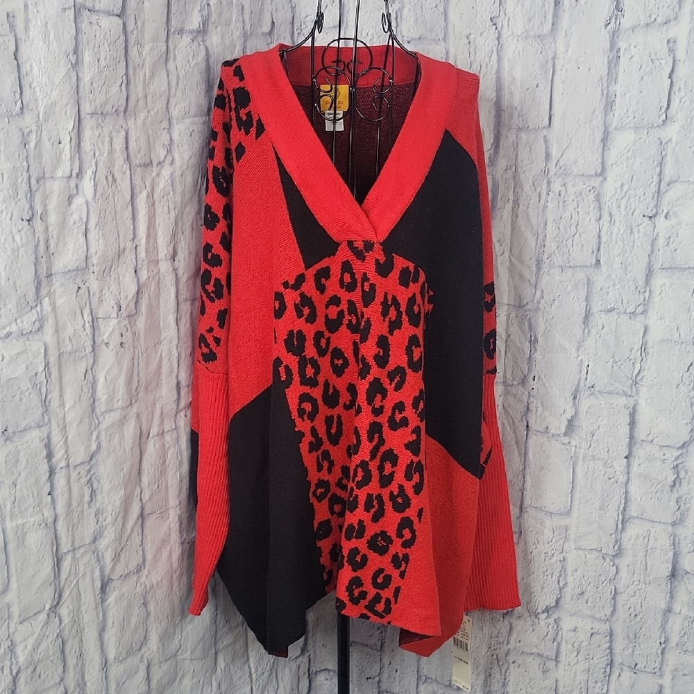 Ruby Rd. Black/Red Colorblock Leopard Print Poncho Sweater OS NWT
